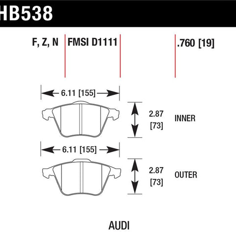 Hawk 09 Audi A4 Cabriolet / 05-07 A4 / 05-09 A4 Quattro / 06-09 A6 / 08 VW R32 HPS Front Brake Pads